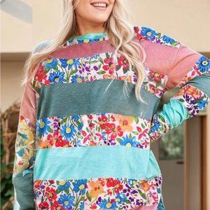 Pink Stripe Plus Size Colorblock Pullover Top